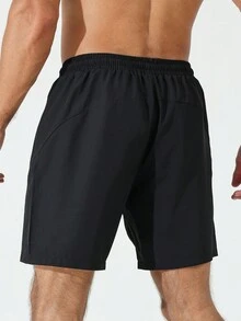 Manfinity Sport Corelite 男友风男士抽绳字母图案印花口袋休闲运动短裤，夏季 - 黑色 - 查看 2