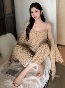 DAZY 3pcs Set Ditsy Floral Camisole Robe & Pajama Pants Sleepwear - Khaki - View 3