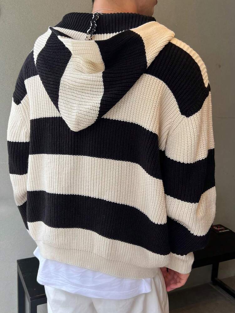 Men's Casual Striped Zip Front Loose Cardigan For Daily Wear, Autumn Jacket