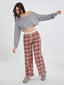 Easelle Pantalones rectos informales con bolsillos y estampado a cuadros en rosa y blanco