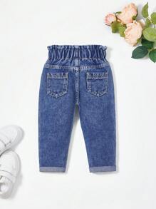 Baby Girl Fried Snowflake + Paper Bag Waist Floral Embroidery Denim Pants,Holiday,Summer,Travel