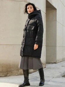 Aveloria Modichic Casual Versatile Exaggerated Large Pockets Cargo Loose Fit Midi Length HoodedPadded Insulated Polyfill Synthetic Insulation Winter Coat Winter Jacket Jacket, Winter Clothes New Fashion Fall Cloth For Women - Black - View 6