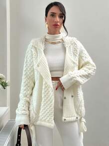 EURMUSE Fringed Detail V Neck Thick Cardigan Jacket - Apricot - View 6