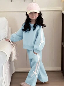 DAZY 2 件套年轻女孩圆领针织运动衫套装，秋季服装 - 藍色 - 查看 6
