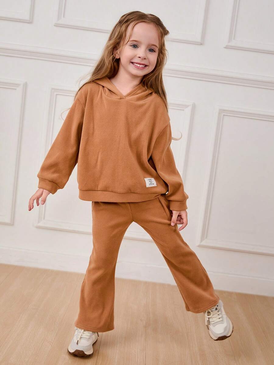Cozy Pixies 2pcs Young Girl Solid Color Hooded Sweatshirt And Elastic Waist Pants Set - Khaki - View 1