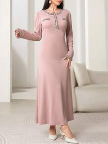 Modelyn Women's Ribbed Splice Ribbon Round Neck Long Sleeve Elegant Dress Maxi Women Outfit Long Evening Dresses - Pink - View 4