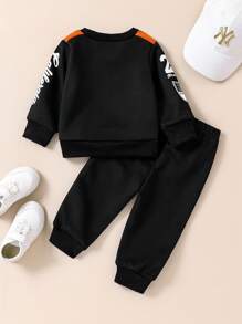 SHEIN Baby Boys Black Athletic College Style Letter Print Sweatshirt And Sweatpants Set,Autumn Casual Beach Back-To-School Long Sleeve Sports Outfit - Black - View 2