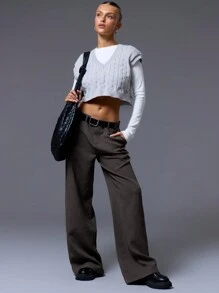 MUSERA V Neck Cable Knit Cropped Sweater Vest - Grey - View 4