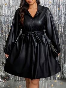 SHEIN Clasi Plus Size Feminino Elegante PU Micro-Stretch Lanterna Manga Camisa Gola A-Line Botão Up Vestido, Outono, Para Inverno - Preto - Ver 3
