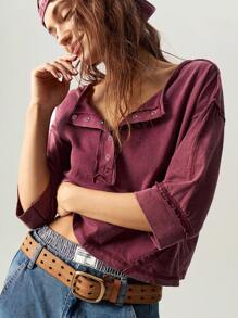 Bohemela 女士休闲纯色针织半开领短袖宽松衬衫 - 酒紅色 - 查看 9