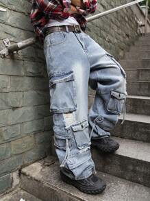 Manfinity EMRG 男士秋季休闲破洞多口袋牛仔阔腿工装裤，纯色长款宽松工装浅蓝色洗水工装牛仔裤，适合老公、男朋友的礼物 - 淺色水洗藍 - 查看 2