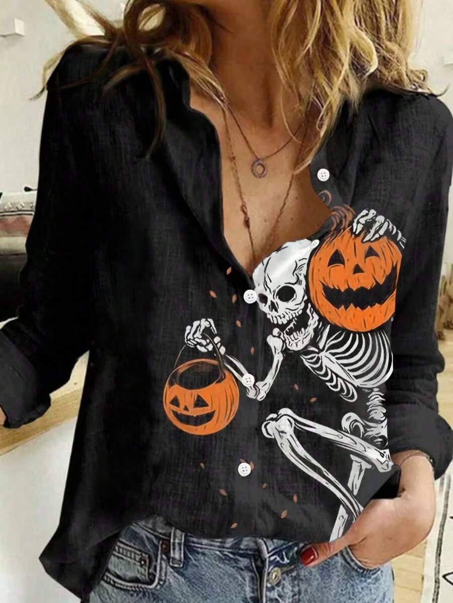 全新万圣节南瓜骷髅怪物印花翻领休闲宽松柔软长袖女式衬衫