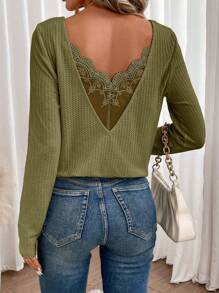 SHEIN Frenchy Lace Spliced Long Sleeve Waffle Fabric Black T-Shirt