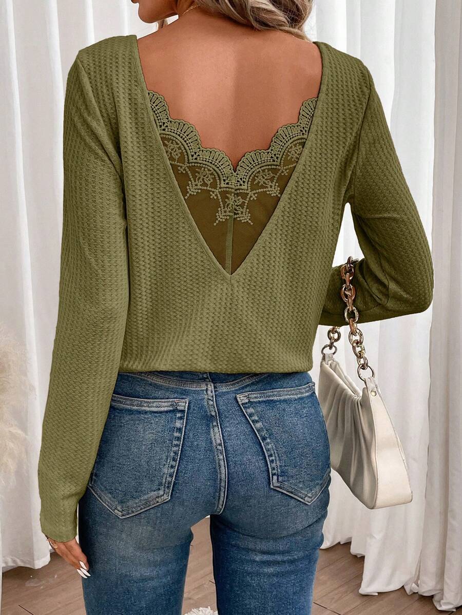 SHEIN Frenchy Lace Spliced Long Sleeve Waffle Fabric Black T-Shirt