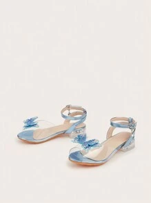 1 双儿童女孩银色闪亮蝴蝶和水晶装饰粗高跟凉鞋，适合春/夏/秋季 - 藍色 - 查看 5