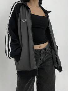 DAZY Chaqueta casual de manga larga con rayas laterales y estampado de letras a contraste, de otoño