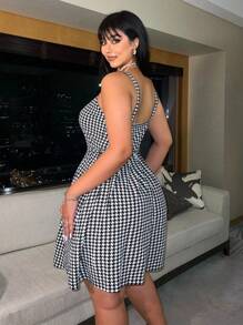Flirla Plus size zomerse casual jurk met pied-de-poule-print en geplooide bandjes