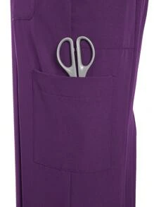 TaskEZ 2pcs Women Healthcare Uniform - Solid Color V-Neck Blouse & Slit Long Pants, Scrub Sets - Purple - View 6