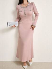 Modelyn Women's Ribbed Splice Ribbon Round Neck Long Sleeve Elegant Dress Maxi Women Outfit Long Evening Dresses - Pink - View 8