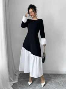 Elenzga 女式优雅拼色喇叭袖长裙，秋季 - 彩色 - 查看 6