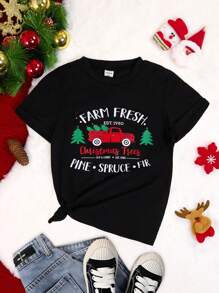 SHEIN 女童休闲宽松圆领T恤，印有有趣的圣诞树、汽车和树叶图案，适合家庭亲子装 - 黑色 - 查看 3