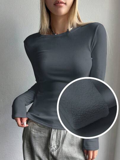 DAZY Camiseta casual de mujer de cuello redondo de unicolor de manga larga, forrada térmicamente para otoño e invierno