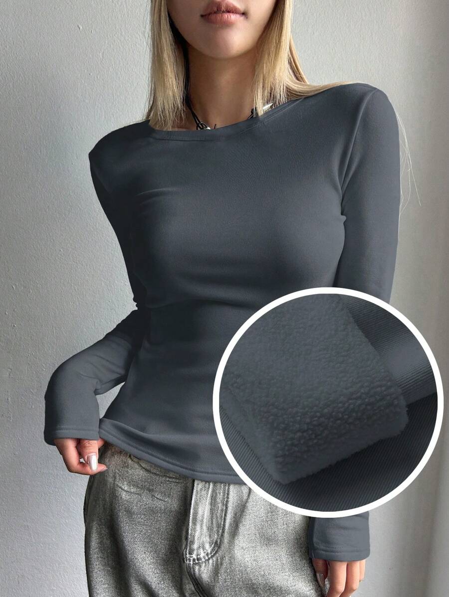DAZY Áo thun nữ cổ tròn tay dài màu trơn, lót nhiệt, mặc thường ngày, mùa thu đông - Màu xám đen - Xem 1