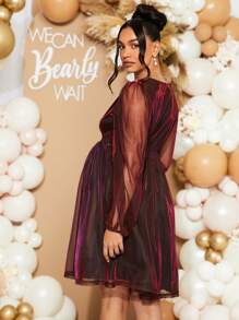 Loomaby Đầm lưới tay đèn lồng thanh lịch giản dị cho bà bầu mùa thu - Màu Đỏ Sâu - Xem 2