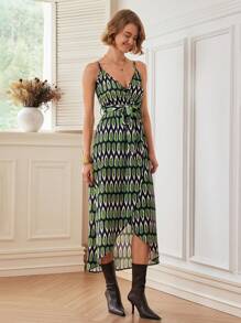 SHEIN Unity Women's Geometric Print V-Neck Slit Hem Elegant Dress - Multicolor - View 3