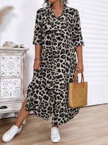加大码前扣长袖豹纹休闲长裙女装 - 杏色 - 查看 4