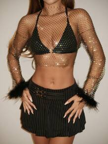 SHEIN ICON 鱼网长袖圆领拼布蓬松边饰 Y2K 派对女士音乐会女士闪光闪亮水钻上衣