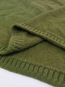 Flirla Plus Size Solid Color Simple Casual Asymmetrical Hem Knitted Pullover Sweater, Winter Fall - Army Green - View 3