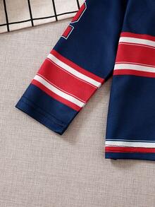 Bộ đồ thể thao phong cách châu Âu cho bé trai/bé gái mùa xuân/thu, trang phục thiết yếu cho các bé đáng yêu, áo phông dài tay cổ chữ V in họa tiết chữ và số, thời trang thể thao hợp thời trang, phù hợp đi học, chơi thể thao và nhiều hoạt động khác - Màu xanh lam - Xem 7