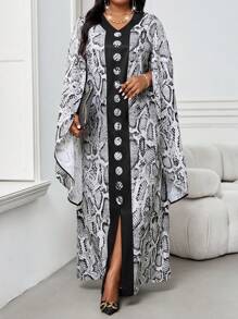 SHEIN Lady Vestido caftán de cuello en V recto con abertura en la manga, elegante, en negro tejido, para primavera, verano, otoño e invierno, de talla grande, vestido de diosa griega, vestido de leopardo, vestido formal, vestido para vacaciones