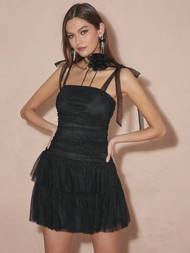 New  Winter Products,Women Elegant Solid Color Mesh Ruffle Hem Slip Mini Dress,Winter  Women's Clothing,Elegant Women Dresses,Black Dresses,Christmas Outfits ,New Years Dress,Party Women Dresses