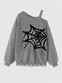 ROMWE Goth Shoulder Cut-Out Spider Web Embroidered Casual Loose Knit Sweater For Women - Grey - View 1