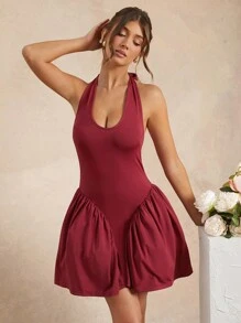 Hauture Halter Neck Drop Waist Tulip Pleated Skirt Dress - Red - View 1