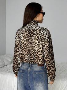 SHEIN EZwear 女式秋季时尚豹纹针织立领短款 T 恤 - 彩色 - 查看 2