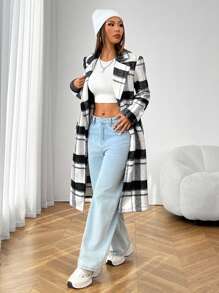 SHEIN PETITE Autumn And Winter Black And White Plaid Mid-Length Fitted Woolen Jacket
