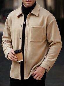 Manfinity Homme 男士纯色前扣长袖口袋简约夹克，休闲日常穿着外出时尚卡其色法兰绒夹克，适合朋友、丈夫、男朋友的礼物 - 杏色 - 查看 2