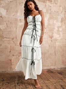 Opulessa Robe de mariée ajustée en couleur unie tressée avec nœud, robe d'été extra longue pour femmes