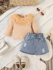 SHEIN 女婴优雅甜美网眼撞色长袖上衣和破洞牛仔裙 2 件套服装，春秋装