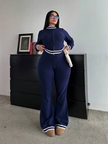 Flirla Plus Size Women 2pcs/Set Striped Double Zipper Cardigan And Pants Sweater Outfit For Autumn, For Winter Fall Cloth For Women - Navy Blue - View 3