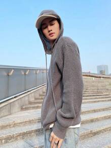 Claim Dot Plus Size Men's Solid Color Front Zip Up Long Sleeve Hoodie, Casual Daily Wear - Grey - View 5