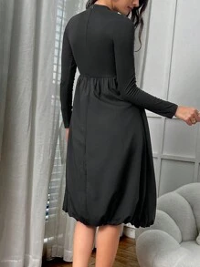 INAWLY 女士春秋优雅纯色拼布蕾丝边连衣裙 - 黑色 - 查看 2