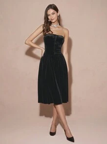 Enchnt Vestido sin tirantes de unicolor elegante para mujer, otoño - Negro - Ver 7