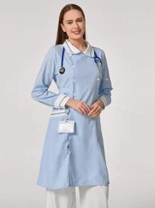 TaskEZ 1 件长袖拼色前扣口袋休闲护士制服连衣裙 - 藍色 - 查看 6