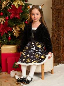 SHEIN 2pcs Girls Christmas Furry Black Deer Print Top & Overall Skirt Set, Autumn/Winter Child