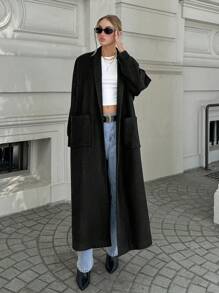 SHEIN Cottnline Drop Shoulder Long Overcoat With Belt - Black - View 4