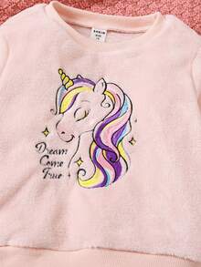 2pcs Young Girl Cute Pink Unicorn Embroidered Comfortable Warm Long Sleeve Top And Pants Pajama Set